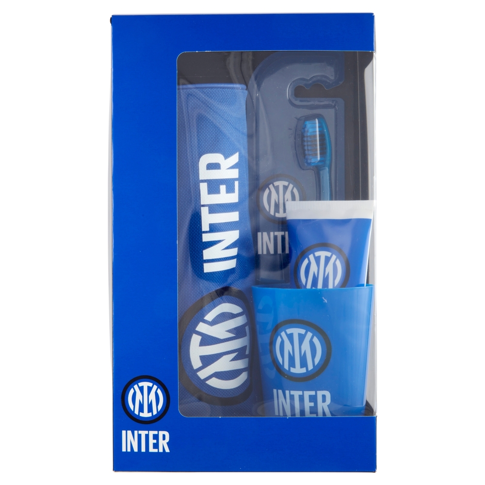 Inter Dentifricio menta 75 ml, Bicchiere, Spazzolino setole medie, Fan Bag